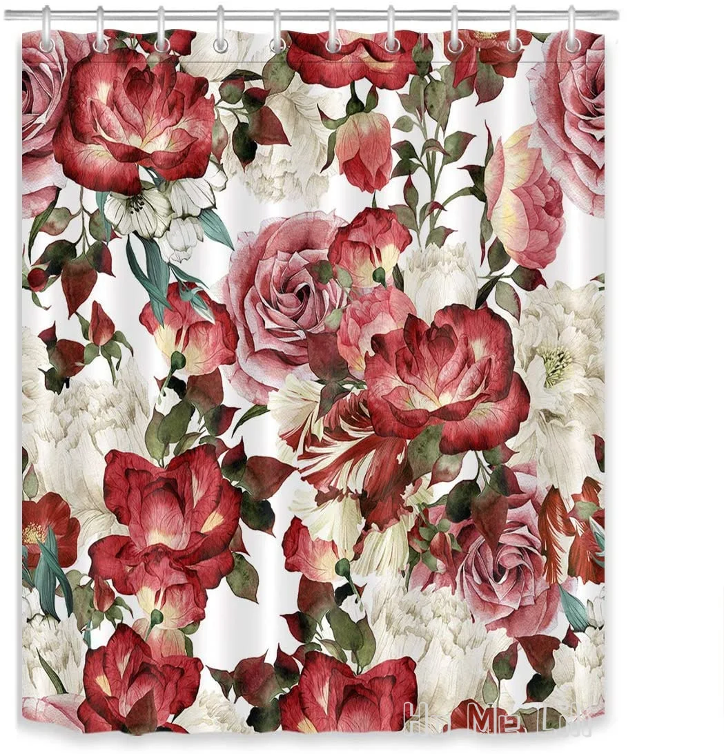 

Vintage Floral By Ho Me Lili Shower Curtain With Hooks Peony Rose Blossom Red Pink White Waterproof Fabric Bathroom Accessories