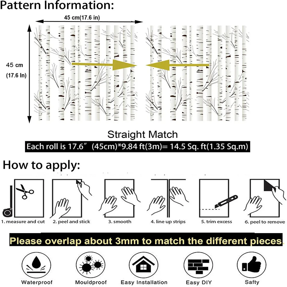 

Peel And Stick Removable Handpainting Watercolor Black/White Birch Tree Self Adhesive Prepasted Wallpaper For Bedroom Wall Decor