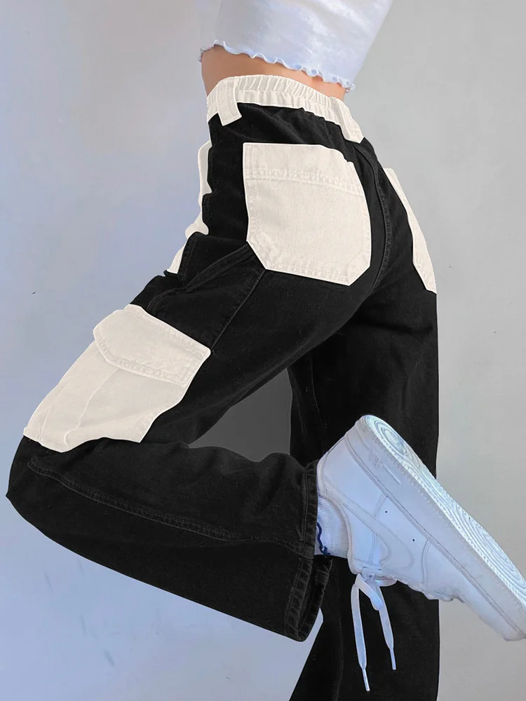 

Женские джинсы-карго Harajuku с высокой талией и широкими штанинами, синие винтажные черные джинсовые брюки-бойфренды в стиле пэчворк с кармана...