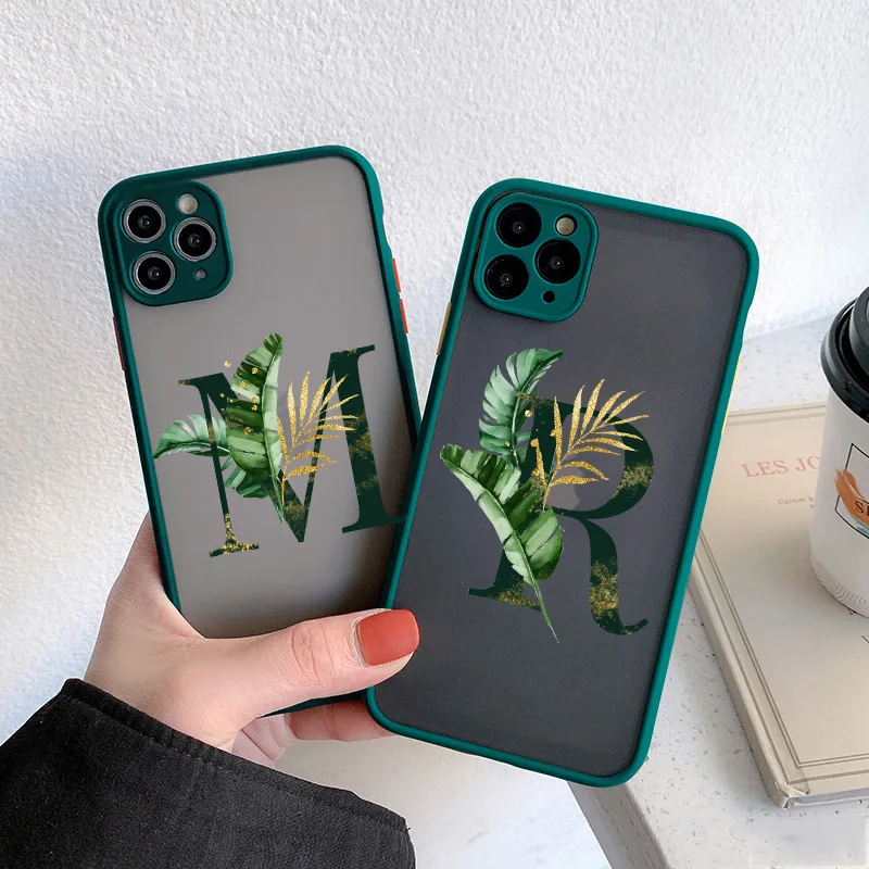 

Initial Letter A Z Phone Case For iPhone 6s 8 7 Plus SE 2020 12 Mini 11 Pro Max for X XR XS Max Leaves Hard Alphabet Green Cover