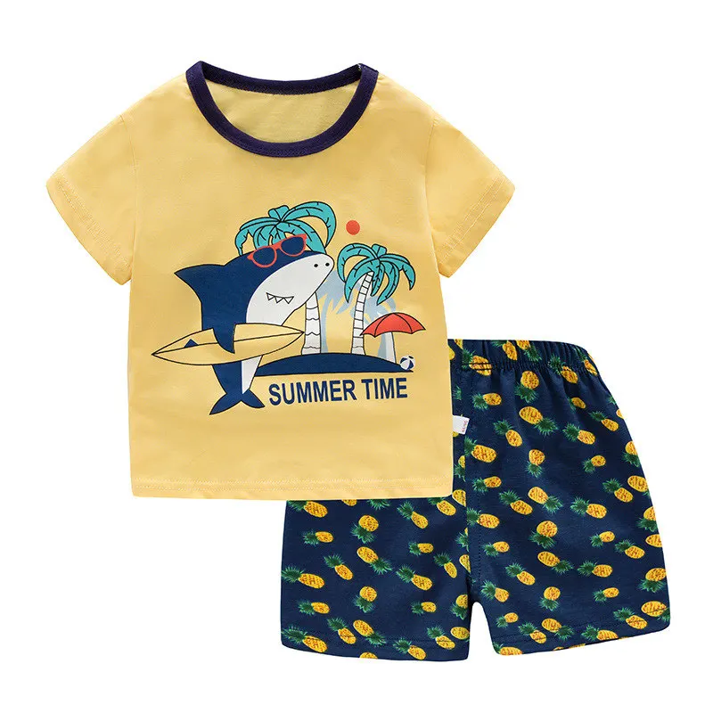 Пижамный комплект детский хлопковый с коротким рукавом и принтом акулы | Мать