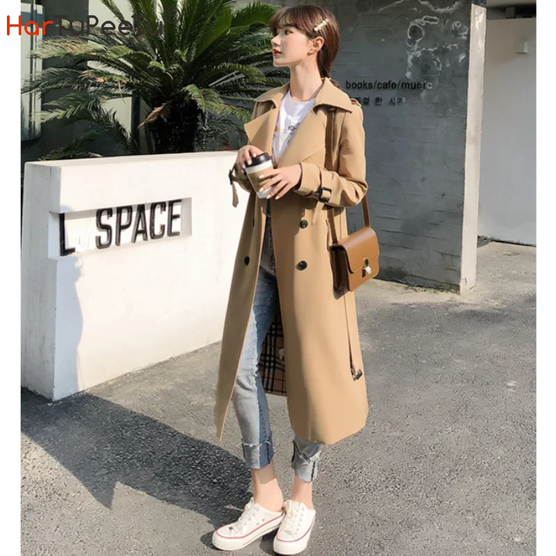 

Women's Long Trench Coats V Neck Double-Breasted Windproof Oversize Jacket with Belt Fashion Street Wear Size S-XL Dropshipping