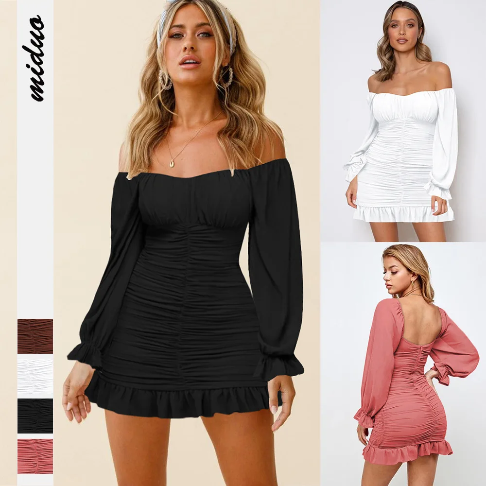 

New Autumn Clothes Solid Color Fashion Ruffle Fold Sexy One Line Collar Off Shoulder Long Sleeve Jumpsuit Bag Hip Skirt Women