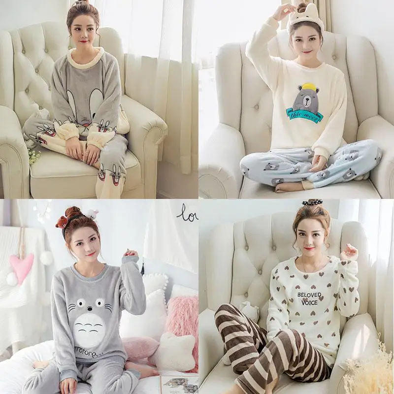 Осенне зимние женские утепленные фланелевые пижамные комплекты пижама с