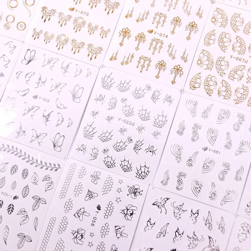 30 шт./компл. золотые и серебряные наклейки для ногтей перо цветок паук дизайн