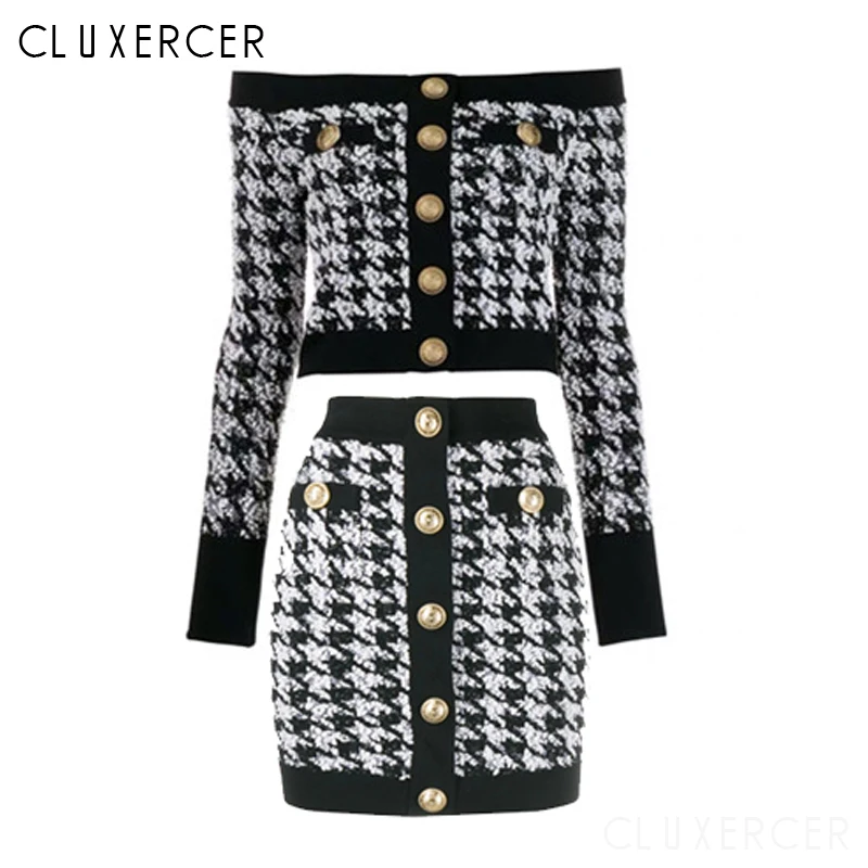 Женский твидовый костюм в клетку элегантный комплект из двух предметов короткий