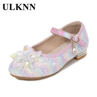 ulknn baby hight heel shoes pink blue leather shoes for girls princess school single shoe summer breathable rhinestone size25 40