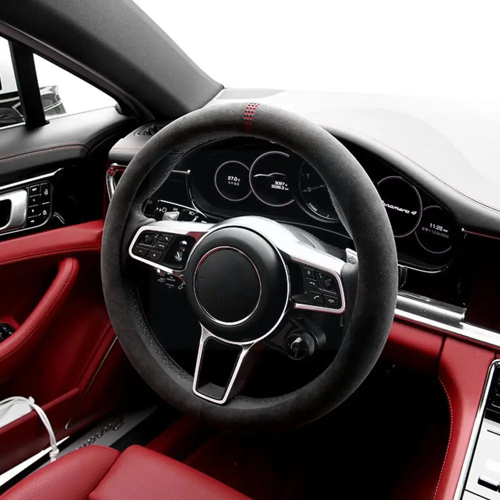 

37-38CM Suede Cow Leather Car Steering Wheel Cover Hollow Pattern For 96% Cars C0I8