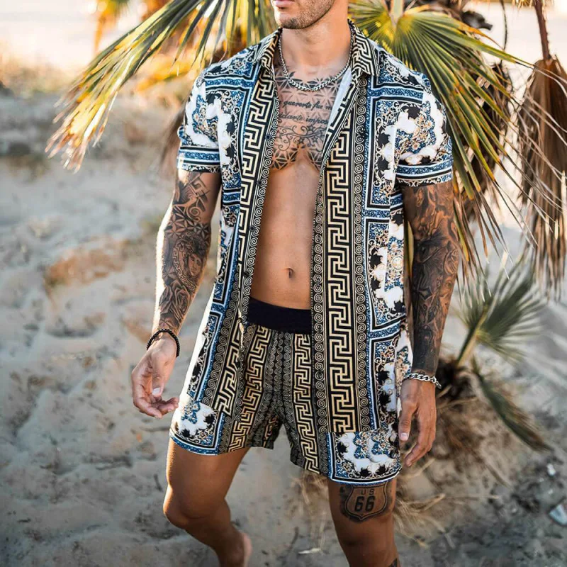 

2021 Summer European American Print Shirt Casual Beach Suit Men's Fashion Quick Dry Short Sleeve Tops + Cool Shorts Hot Sale Cl