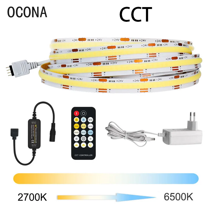 

Full Set 2700-6500K Changeable CCT COB LED Strip Lights DC24V 576LEDs Room Decor TV Backlight Flexible Ribbon LED Tape Band