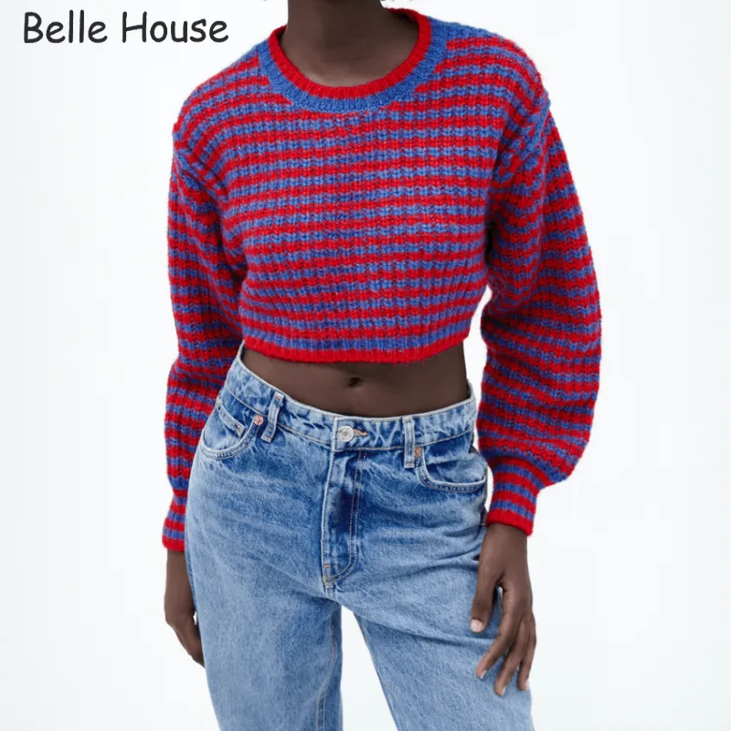 

Korean Chic Lantern Long Sleeve Short Sweater Top Women Knitt Pullovers Fashion Japan Style Stripe Casual Loose Knitwear BHN2118