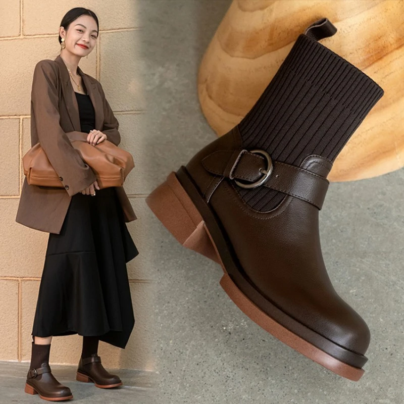 

2021 Winter Boots for Women Round Toe Chunky Boots Casual Black Leather Boots Women New Fall Shoes Women Thigh High Boots Flat