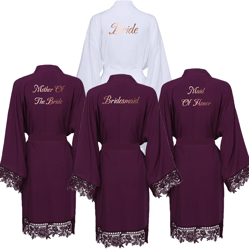 Personalized Custom Text Solid Cotton Kimono Bridesmaid Robes w/ Lace Trim Women Wedding Bridal Robe Short Bathrobe Sleepwear