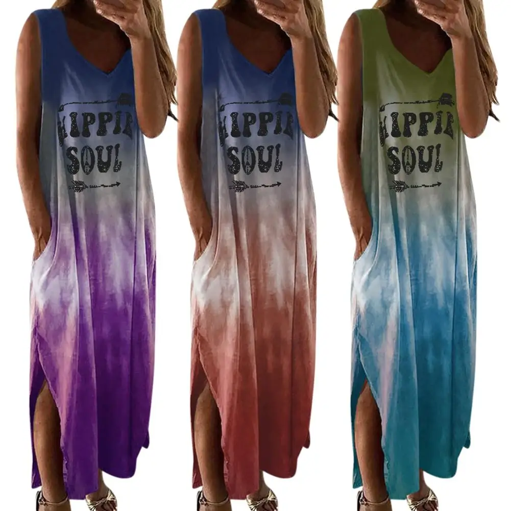 

Women Boho V Neck Sleeveless Gradient Color HIPPIE SOUL Pockets Long Loose Dress