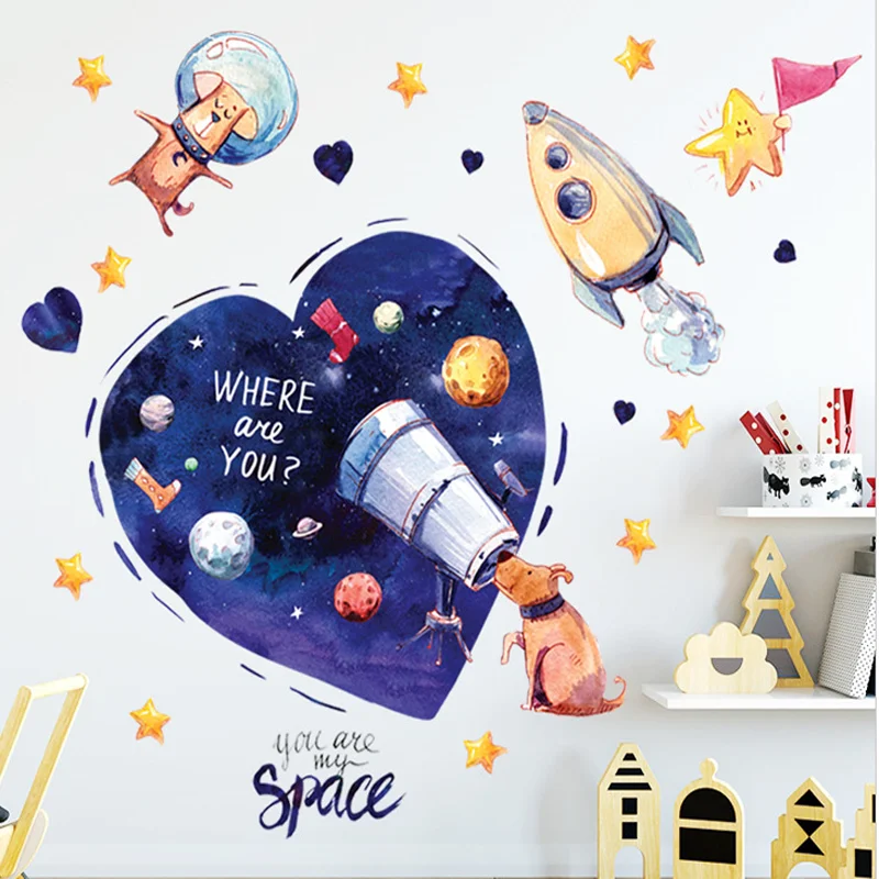 

Space Dog Wall Stickers blue Heart Wallpapers Cartoon DIY Wall Art Decal Decoration Creative Decorative Stickers For Kids Rooms