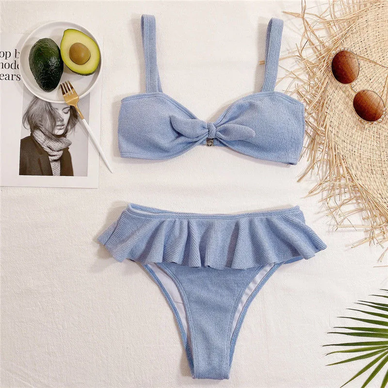 

New style swimsuit European and American ruffled knitted fabric triangle swimsuit ladies beach sexy bikini vacation