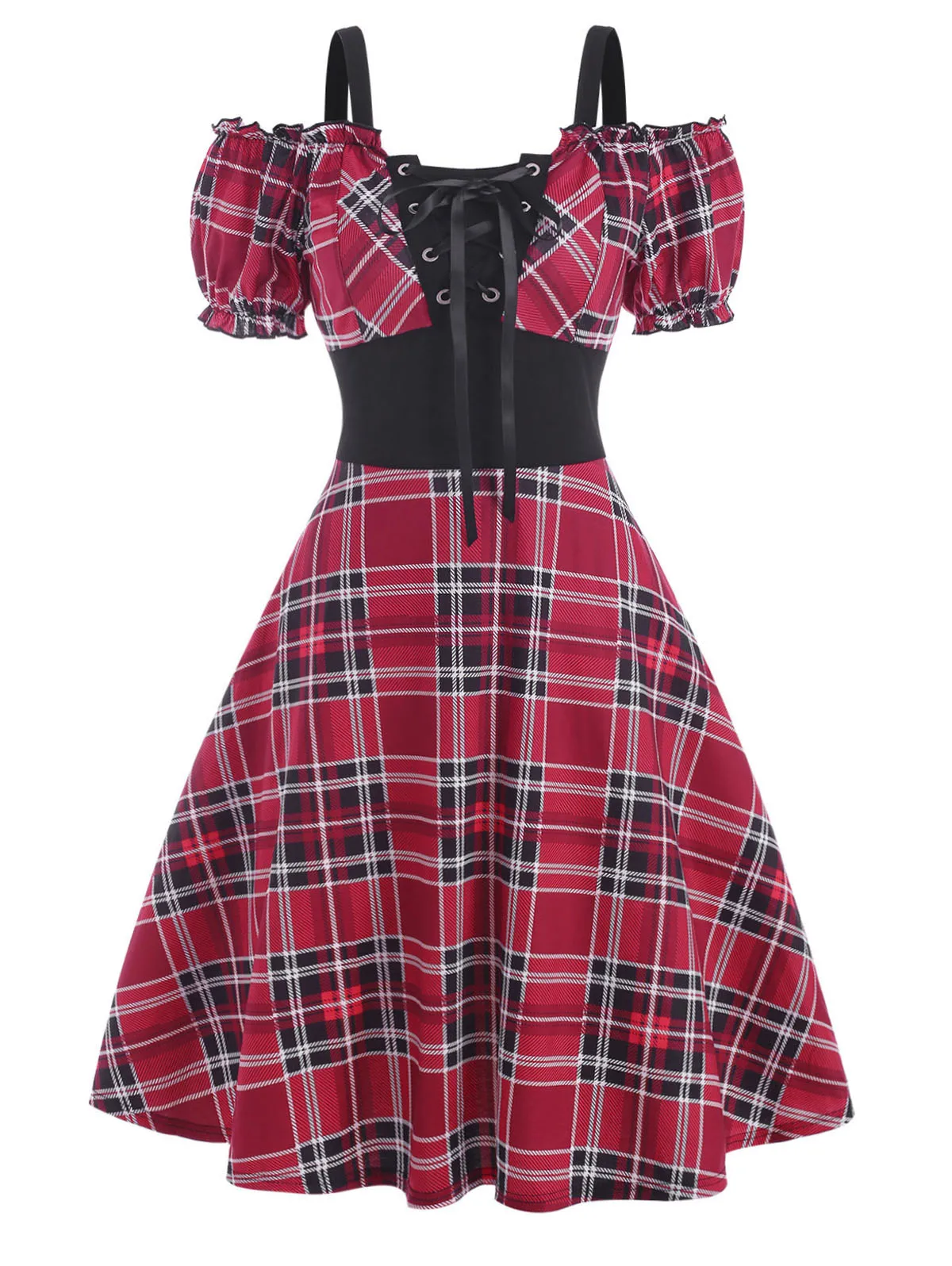 Women's Vintage Polka Audrey Dress 1950s Halter Retro Cocktail Dress Plaid Cold Shoulder Lace Up Empire Waist Dress