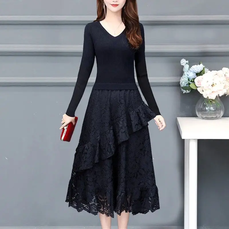 Женские платья платье новая осенняя одежда свитер имитация двух частей черное