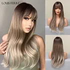 Длинные Синтетические парики LOUIS FERRE с эффектом омбре, светлые парики с челкой для женщин, прическа из натуральных волн, термостойкие волоконные парики для косплея, коричневые парики