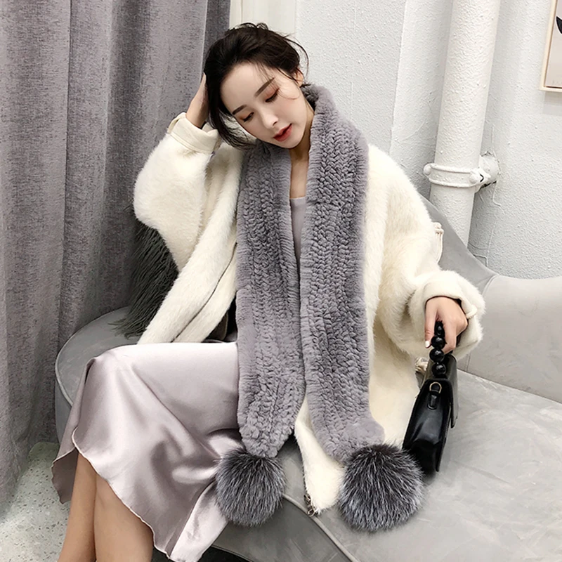 Женский настоящий шарф из меха кролика рекс с двумя серебряными помпонами