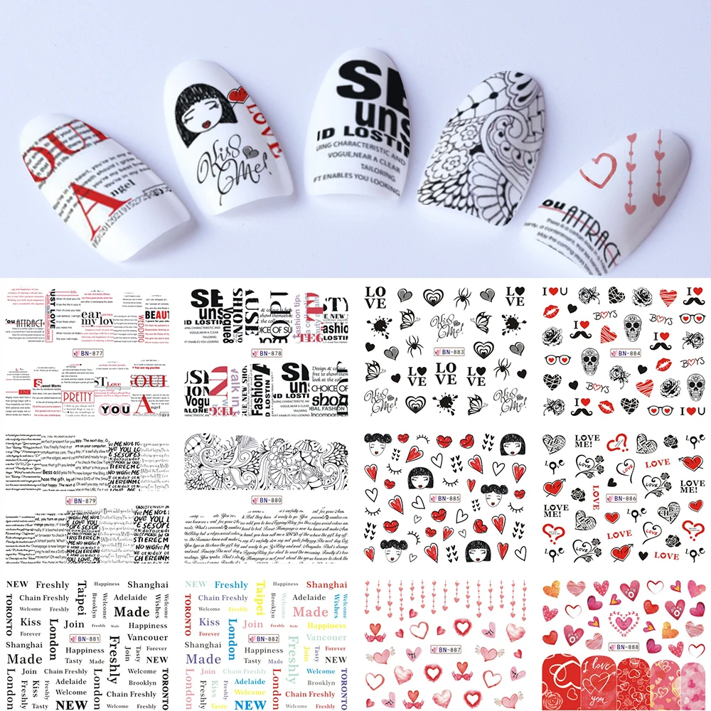 12 Дизайнов любви наклейки для дизайна ногтей водная наклейка девушка текстовая
