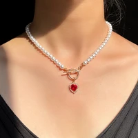 red crystal love heart pendant pearl necklace for women temperament white pearl beaded choker necklace 2021 fashion jewelry gift