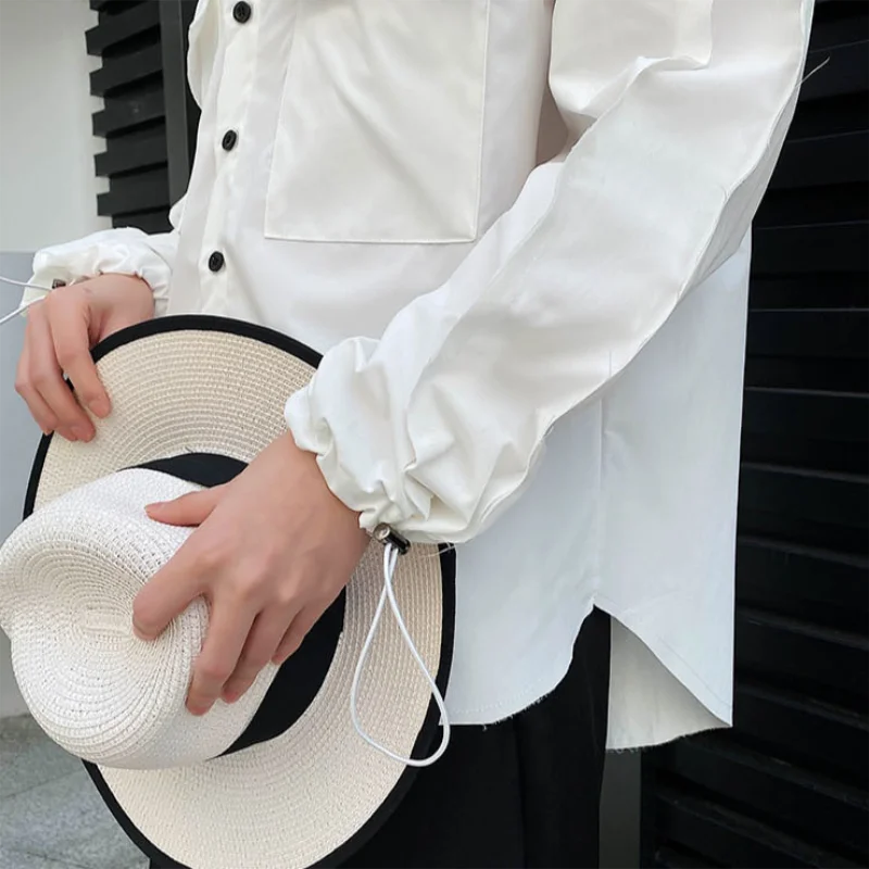Men's new vintage fashion cuff pull rope casual long-sleeved white shirt hip-hop loose large shirt