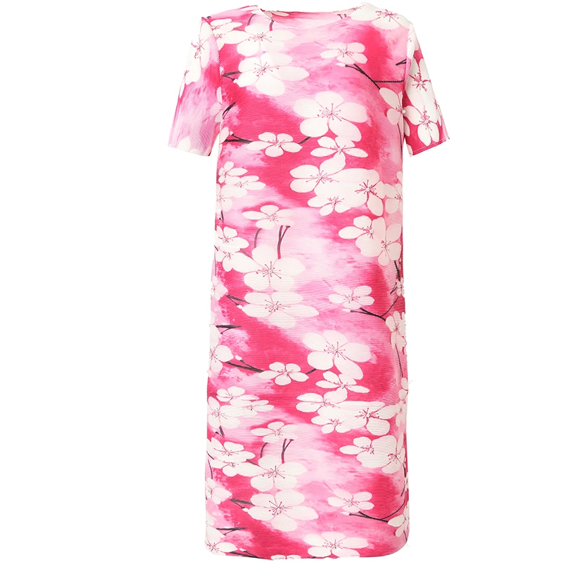 

Plus Size Dress For Women 45-75kg 2020 Summer Printed Elastic Miyake Pleated Round Neck Short Sleeve Loose A-Line Dress