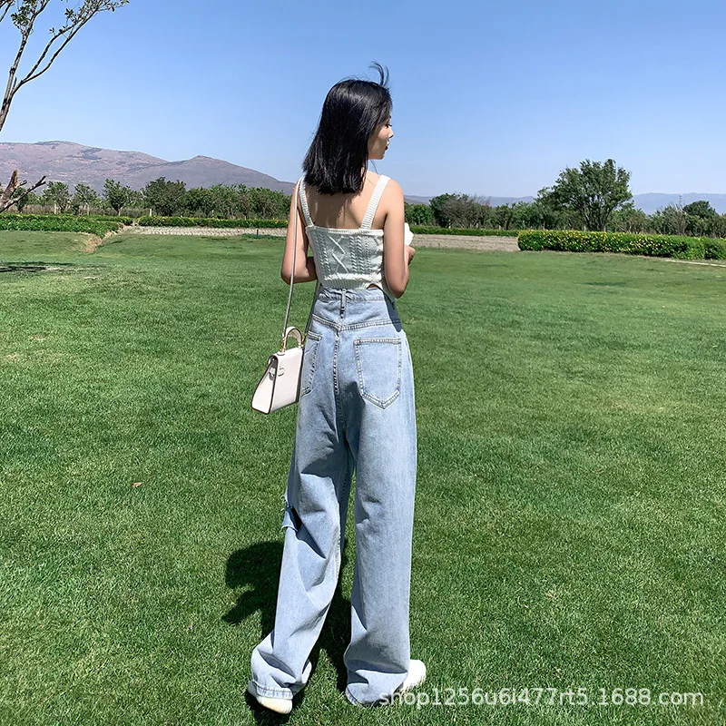 Женские джинсы с дырками широкие свободные брюки высокой талией тонкие модные