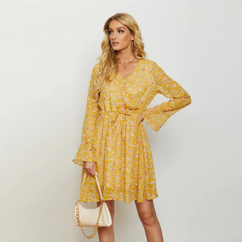 

Женское свободное платье с длинным рукавом, цветочным принтом, V-образным вырезом и бантом на талии, повседневный модный сарафан 2021