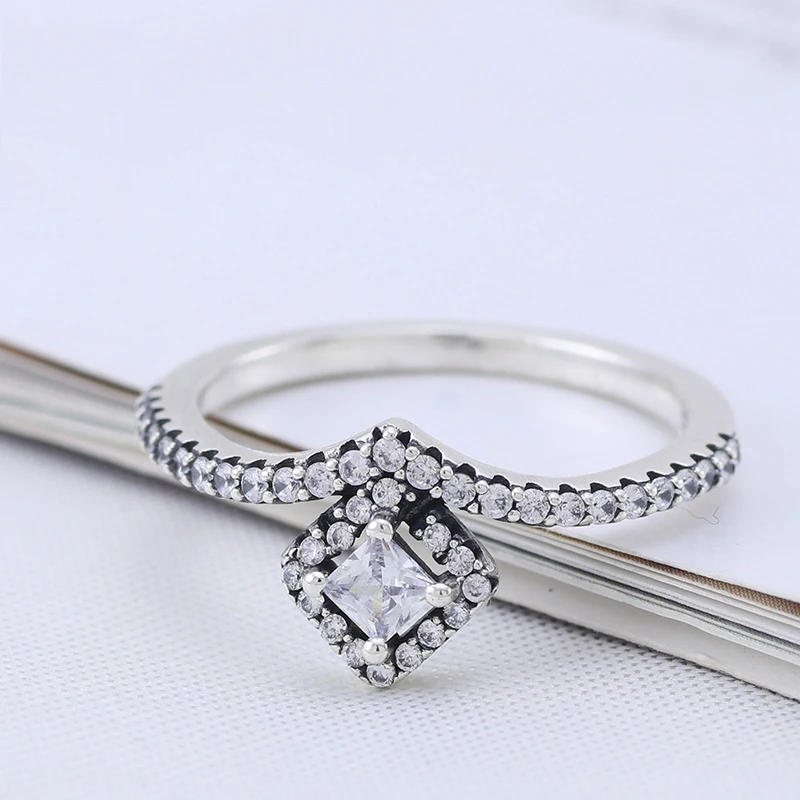 

Original 925 Sterling Silver Pan Ring Shining Square Wishing Bone Pan Ring For Women Wedding Party Gift Fashion Jewelry