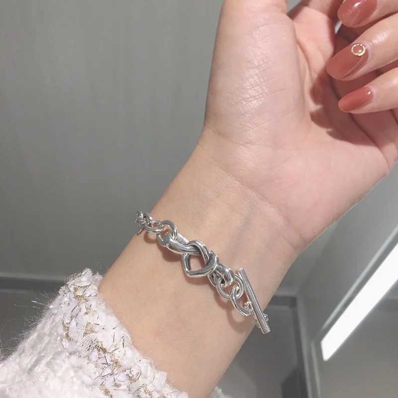 

925 Sterling Silver DIY Design Bracelet Personality Heart Interwoven Chain Punk Style Couples