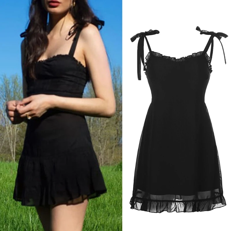 

Women Gothic Tie Up Strap Sleeveless Ruffles Pleated A-Line Black Mini Dress