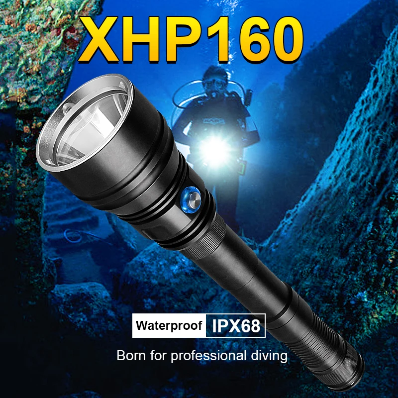 

Водонепроницаемый Профессиональный фонарик для дайвинга XHP160, супер IP68, фонарь высокой мощности 18650, подводный ручной фонарь, светодиодный ф...