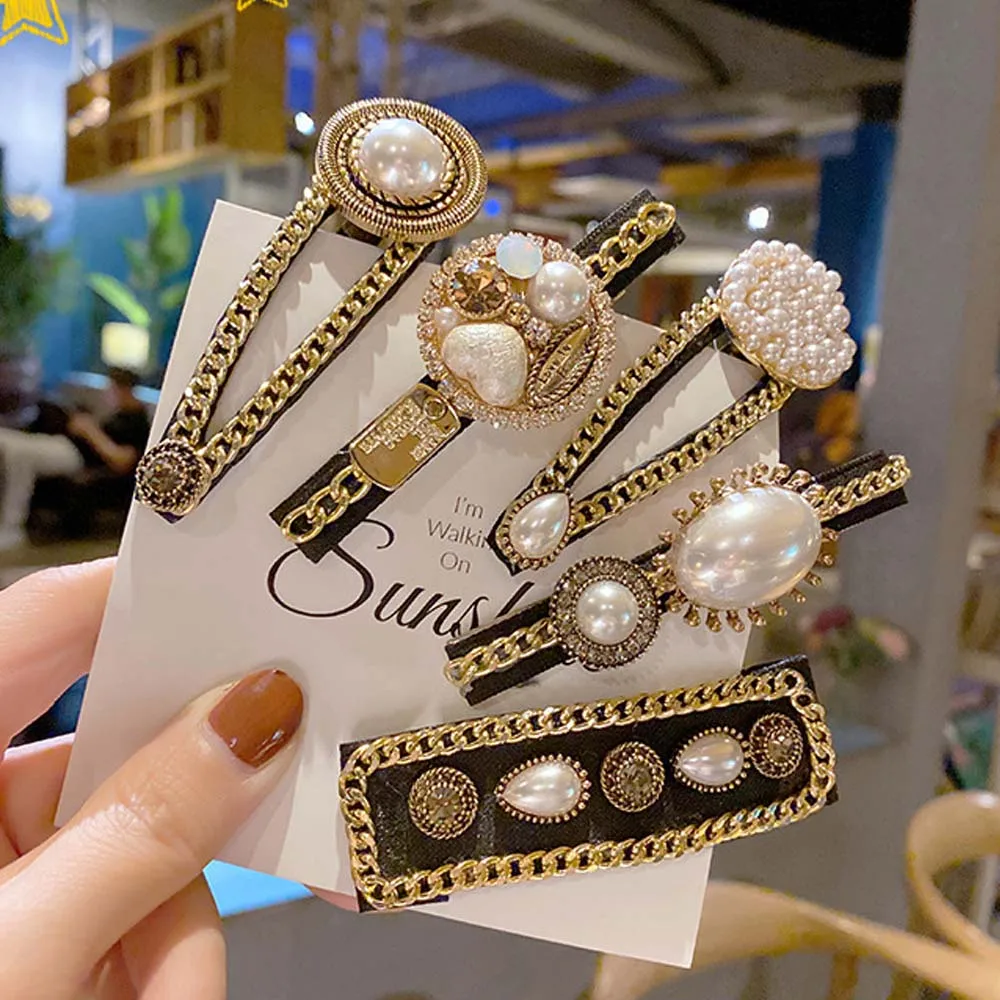 Заколка для волос женская черная корейский стиль цепочка с жемчугом и стразами |