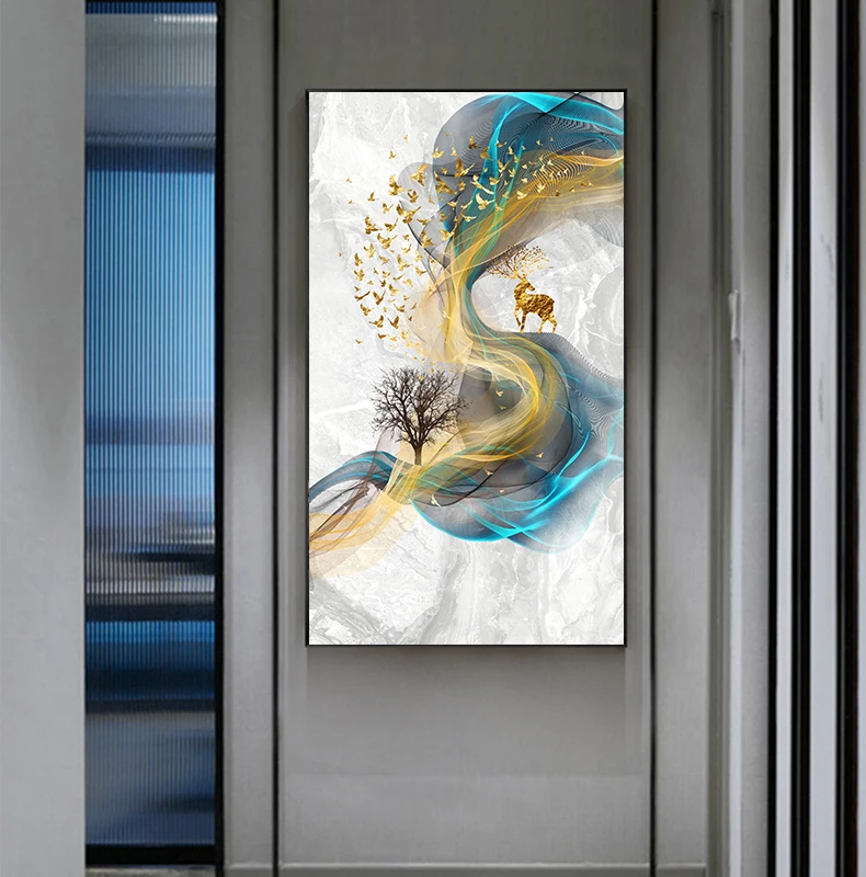 

Abstract Golden Deer Paintings Wall Pictures Modern Canvas Painting Blue Poster Print Wall Art For Living Room Bedroom Nordic