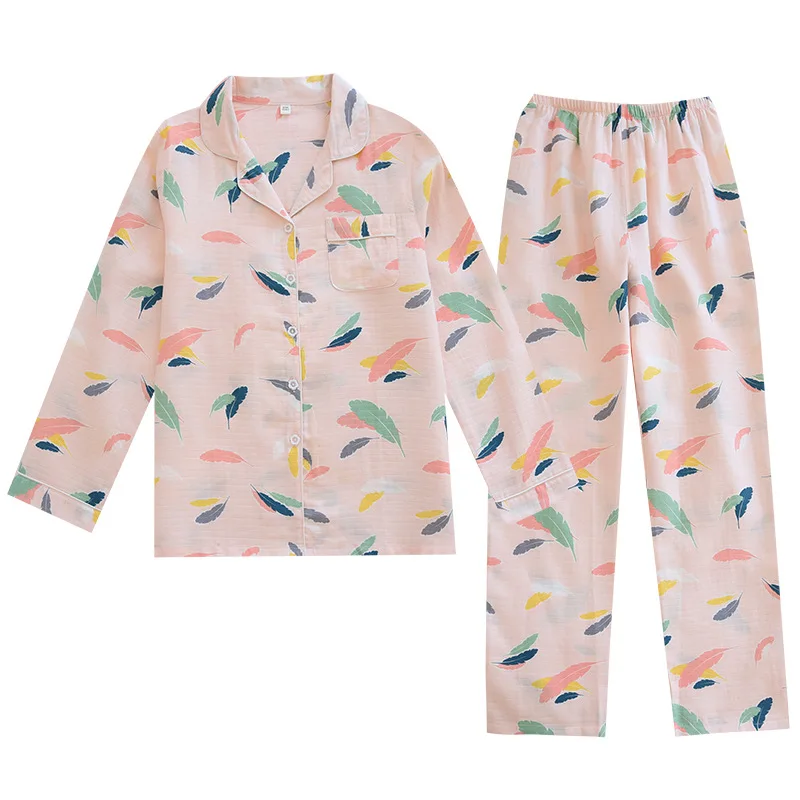 Japanese Spring and Summer Women's Pajamas Pure Cotton Soft Feather Long Sleeve Pajamas Set Comfortable  Women's Home Wear