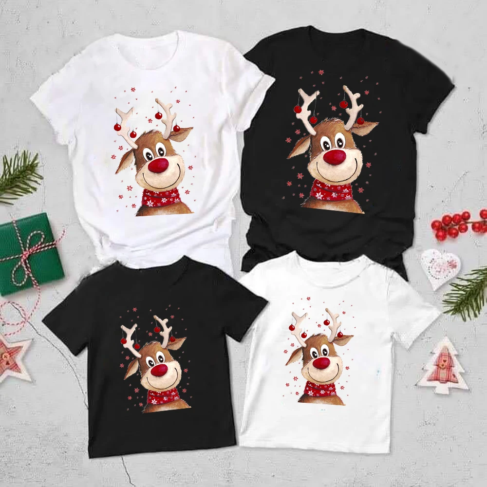 Merry Christmas Cute Deer Animal Printed Family Matching Clothes T-shirt Outfit  Harajuku Fashion Regular Casual Tees Xmas Gifts