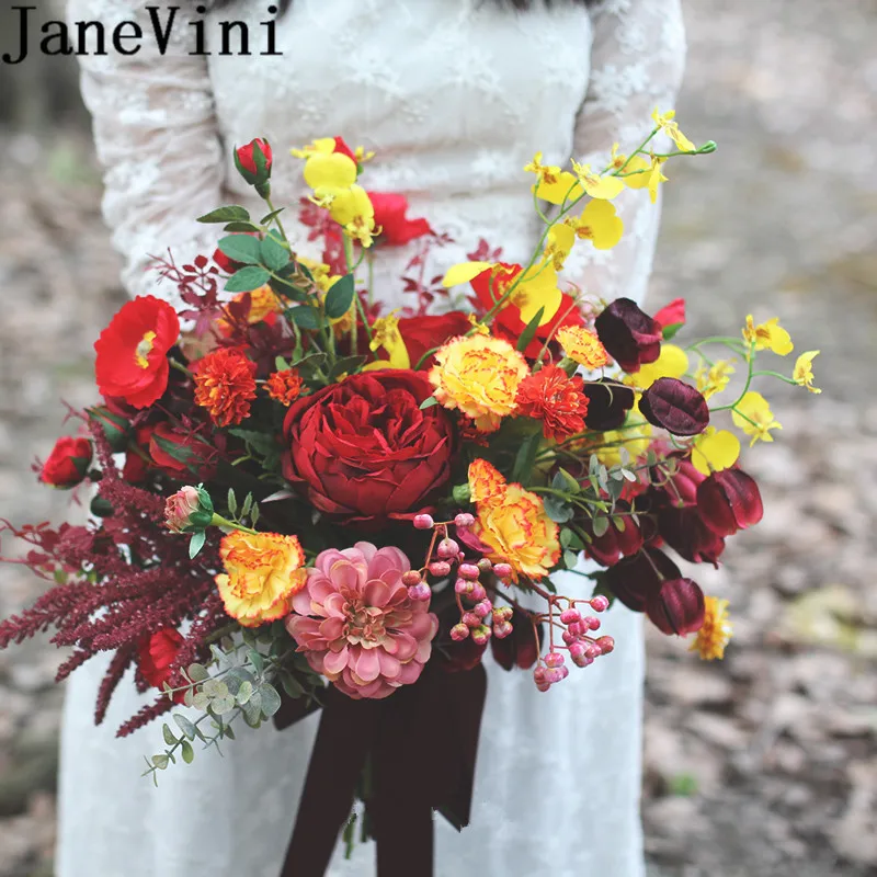 Винтажные осенние красные и желтые розы jaevini свадебные букеты искусственные