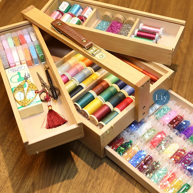 

Multifunctional Storage Box Solid Wood Handmade Sewing Storage Box Large Capacity Folding Box Cabinet Drawer with Hand Strap