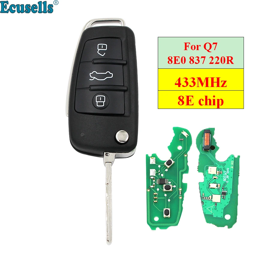 Дистанционный ключ с дистанционным управлением 3 кнопки 433 МГц 8E чипом для Audi Q7 8E0