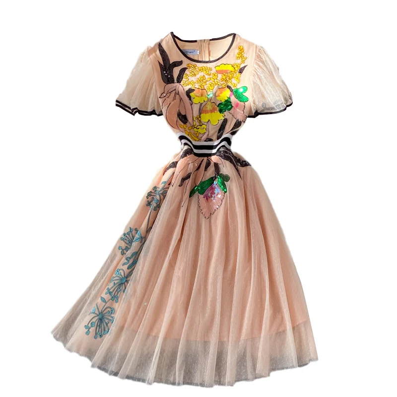 

Palace Style Short Sleeve Sequin Mesh Dress New Summer High Waist Luxury Evening Dress Elegant Long Party Dress