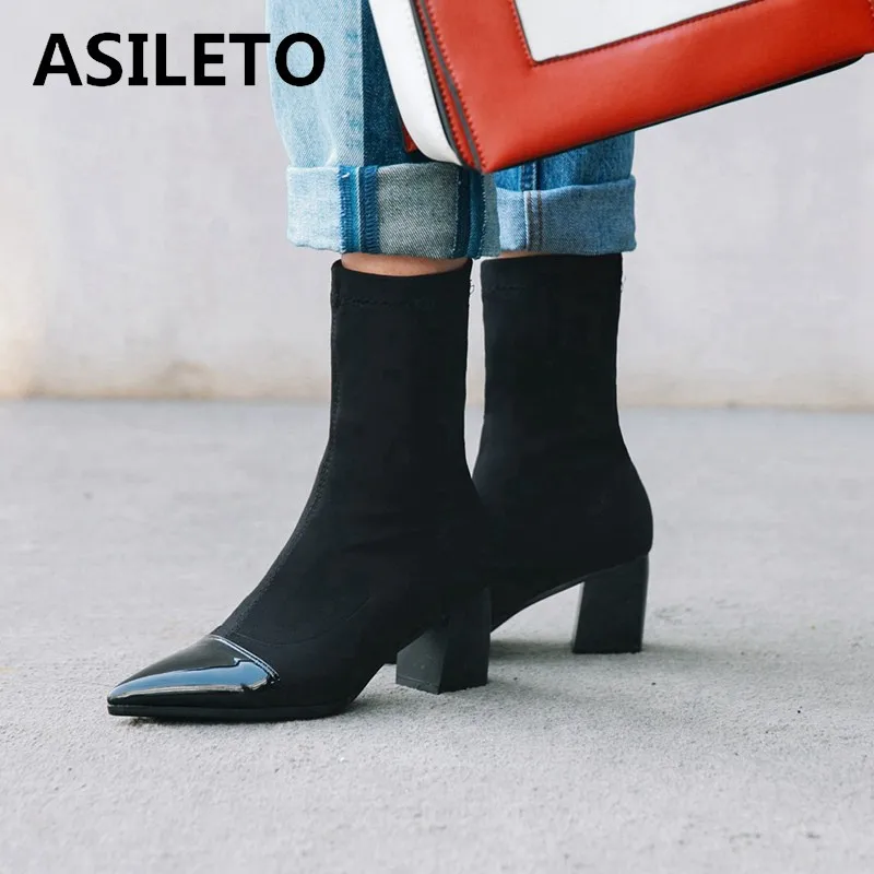 ASILETO большой размер 43 тянущиеся тканевые ботильоны заостренный носок молния