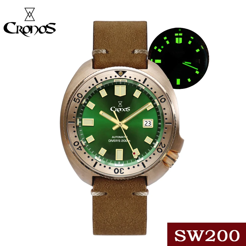 

CRONOS Bronze Turtle Men's Mechanic Watch Sapphire Crystal Dial Automatic PT5000 SW200 Rotating Bezel Leather Watches Copper