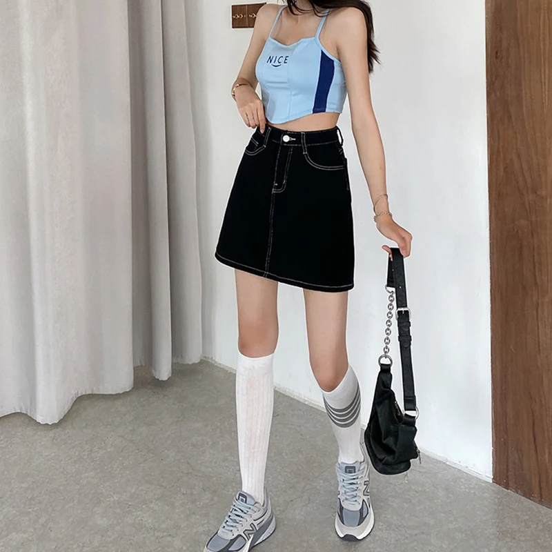 

Aibeautyer New Summer Casual Women High Waist Solid Color A-line Black Denim Skirt Female Slim Fit Ladies Mini Jeans Skirts