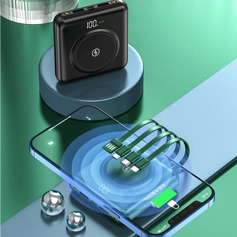 Портативный Qi Беспроводное зарядное устройство Power Bank 10000 мАч 20000 мАч Встроенный кабель Mini Powerbank для iPhone 12 Samsung Xiaomi Powerbank