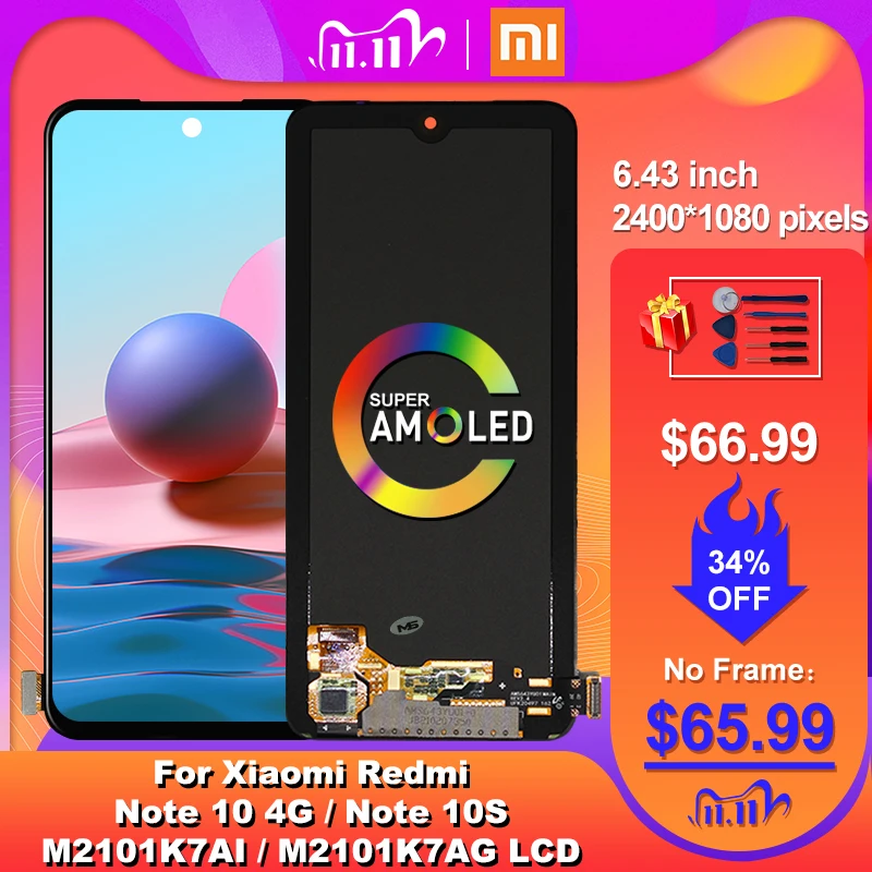 ЖК-дисплей 6 43 ''Super AMOLED для Xiaomi Redmi Note 10 4G M2101K7AI M2101K7AG с дигитайзером экрана 10S |