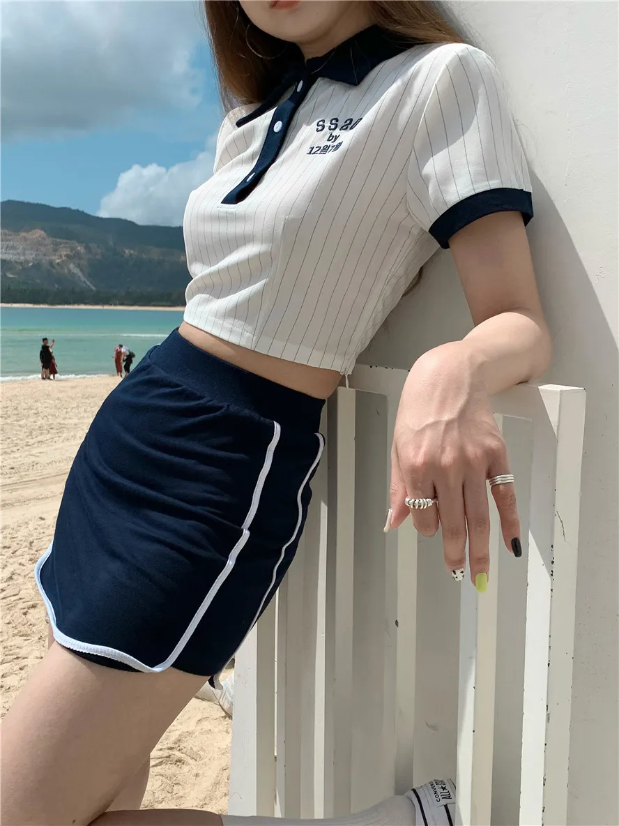 

Summer Women's Sports Suit 2021 Baseball Girl Striped Cute Uniform Set Crop Top And Skirt Two-Piece Set Female Outfit