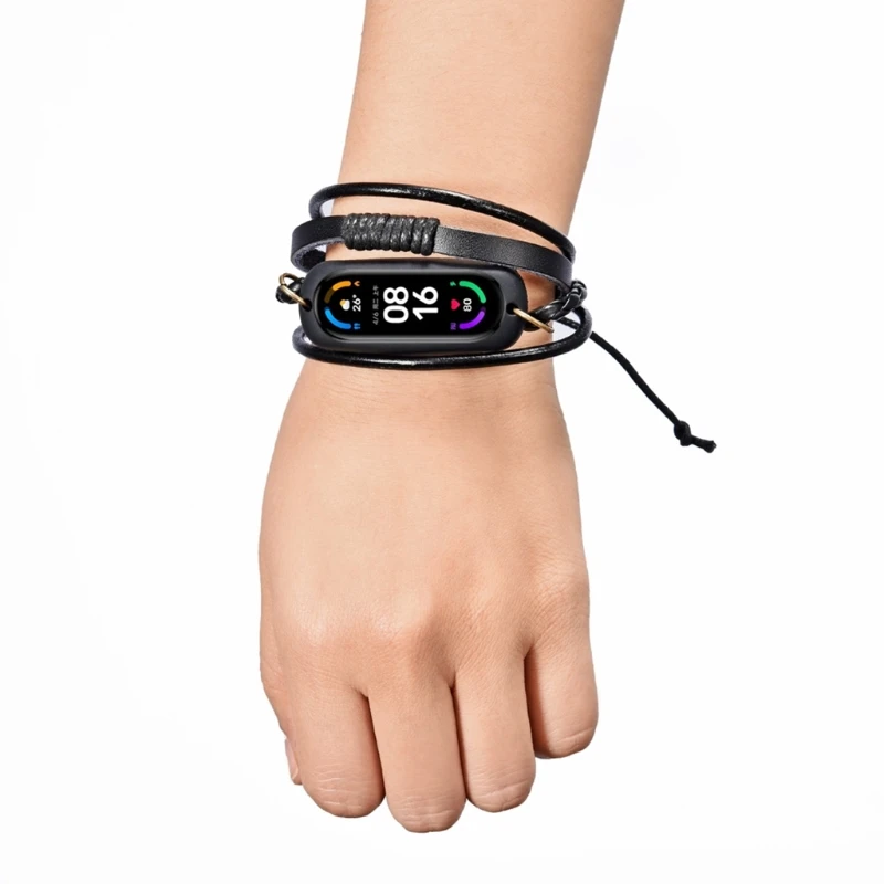 

For Mi Smart Band 5 6 Retro Watch Band Strap Beading Weave Leather Bracelet, Metal Retro Cross Bracelet Strap Men Women X37A