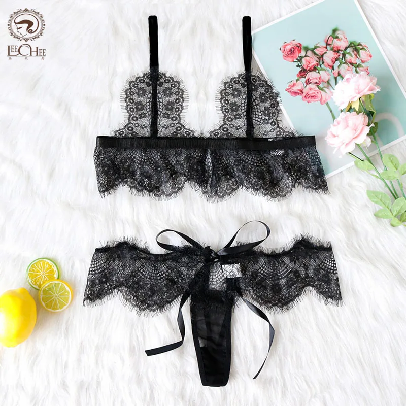 

LEECHEE New Fashion Flower Black Lace Sexy Perspective Lingerie Bow Seductive Eyelash Erotic Women Underwear Stylish Bra Suit